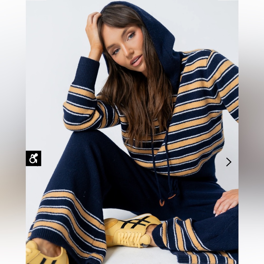 NWT Bohme SET- Navy & Yellow Charlie Stripe Hood Sweater & Wideleg Sweater pants